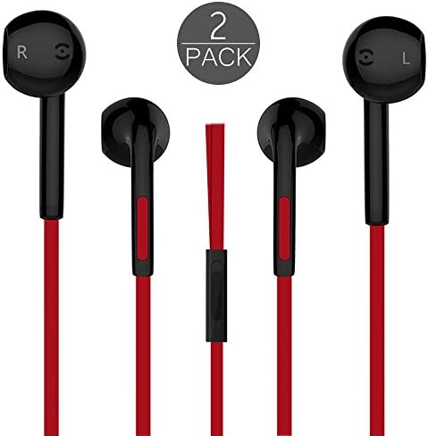 Coresto Premium 2 Pack Stereo Wired Headphones, Noise Cancelling Earbuds with Remote &amp; Mic, Earphones for Samsung Galaxy &amp; iPhone iPad, iPod, Nokia +1 Earbud Case (Black and Red)