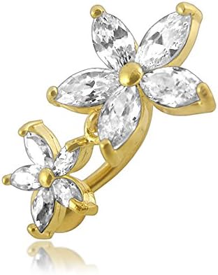 14K Solid Yellow Gold Double Flower Dangling with CZ Stone Revers Bar Belly Ring