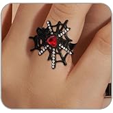ANGLEQUEEN Punk Halloween Spider Rings for Women Knuckle Black Spider Web Bat Ring Gothic Vintage Dark Crystal Ring Red Rhinestone Statement Rings Halloween Witch Jewelry