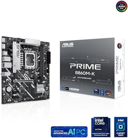 Prime B860M-K, Carte mère Intel mATX, 6 + 1 + 1 étapes d'alimentation DrMOS, DDR5, PCIe 4.0, 2 emplacements M.2, Realtek 2,5 Go Ethernet, DisplayPort, HDMI, USB 10 Gbps, USB Type-C 5 Gbps Avant