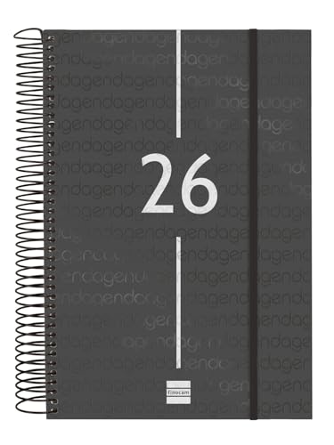 Finocam - Spiral Agenda 2026 1 Day Page | January - December (12 months) | 2026 Yearly Agenda with Elastic Band | Basics Year Spiral Polypropylene Cover - Black - Catalan