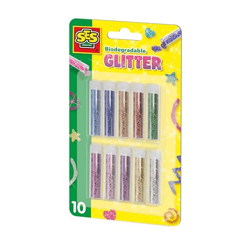 SES Creative 00252 Biodegradable Glitter - 10 Vibrant Colours for Eco-Friendly Crafting - Includes Light Blue, Red, Green, Gold, and More - Safe and Sustainable for Kids Aged 3+