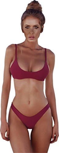 DRKAI Womens Bandage Bikini Swimwear Brazilian Padded Top Swimsuit Solid Color Triangle Bottom Two Pieces Bathing Suit (X-Large, Wine Red)