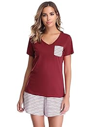 Vlazom - Pijama de manga corta con cuello en V para mujer, diseño de rayas, con bolsillos