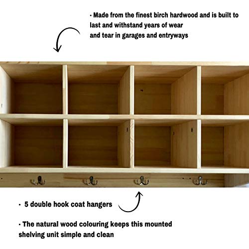 Sleekform Wooden Wall Mounted Hanging Shelf | Includes 10 Bins, 5 Double Coat Hooks | Birch Hardwood Storage Cubby Shelves | Rack for Daycare, Garage, Entryway, Bathroom, Bedroom, Clothes and Shoes