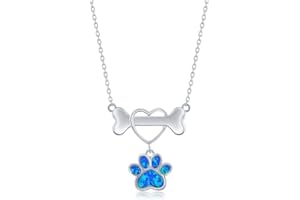 Beaux Bijoux Dog Bone with Heart Created Blue/White Opal Paw Print 16+2” Pendant Necklace Sterling Silver Jewelry for Women or Teens