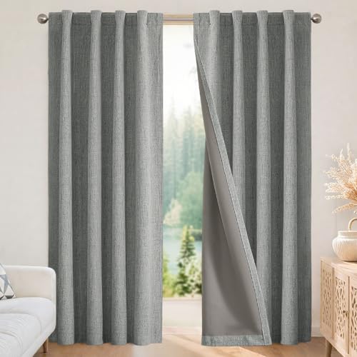 Joydeco 100% Black Out Curtains 63 inch Long 2 Panels Burg Natural Blackout Linen Drapes for Bedroom Living Room Darkening Curtain Thermal Insulated Back tab Rod Pocket(52x63 inch,Light Grey)