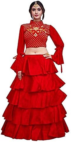 Women's Banglory satin Ruffle - frills Lehenga With Crop top blouse piece with Embroidery