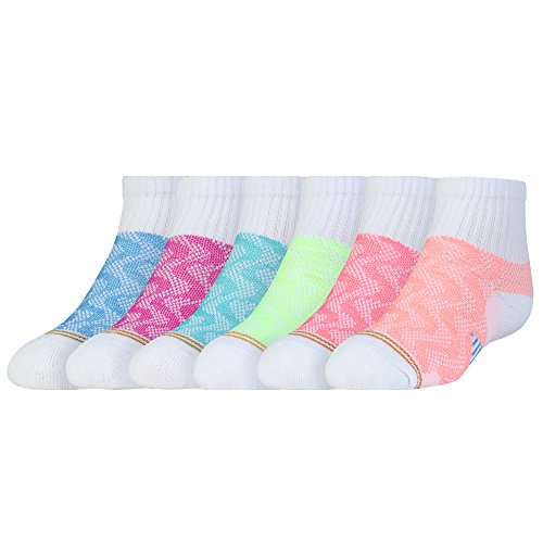 Gold Toe Girls' Little Wavy Athletic Quarter Socks with Arch Support, 6 Pairs, Orange, Pink, Saftey Green, Scuba, Bright Purple, Electric Blue, Shoe Size: 9-3.5