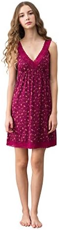 LEMONMOON Women's Pyjama Nightdress Cotton short Sleep Shirt Striped Nightgown Nightwear(Rose Red,M,1053W)