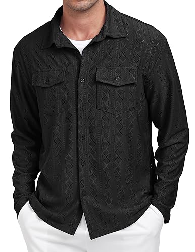 ZAFUL MENS LONG SLEEVE CUBAN GUAYABERA STYLE EYELET BUTTON DOWN SHIRTS CASUL LIGHTWEIGHT WRINKLE FREE BUTTON UP DRESS SHIRT BLACK