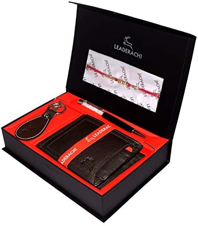 Raksha Bandhan Combo - Genuine Dark Brown Full Grain Leather RFID Blocking Bi fold Wallet with Designer Leather Key Ring & Metallic Black Pen. (RAKHI-WKP-639BR)