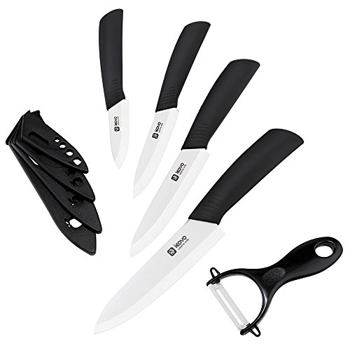 IEOVO Ceramic Knife Set - 9 Piece Cutlery Kitchen Knives with Sheath -
Black Handle, White Blade