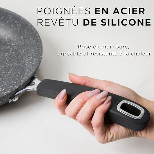 Batterie de casseroles New Petra Dark, casseroles et poêles pour induction et four jusqu'à 180°C, antiadhésives avec manique et cuillère en acier (7 pièces)