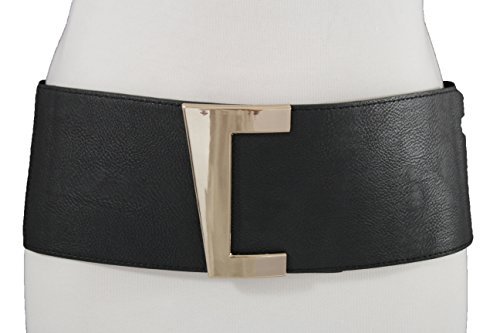 TFJ Women's Fashion Corset Belt Wide Hip Waist Faux Leather Elastic Metal Gold Buckle Small Medium Black