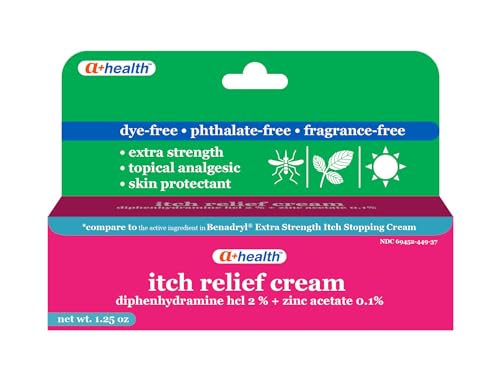 A+Health Itch Relief Cream Extra Strength Diphenhydramine Hydrochloride Topical Analgesic Skin Protectant Relieves Pain Itching from Insect Bites, Minor Burns, Poison Ivy 1.25 Ounces