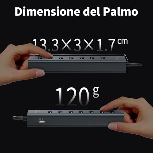 7 Ports USB 3.0 Hub with 120 cm Cable for Desktop, Aluminium USB Hub Multisocket USB Splitter with USB 3.0 5Gbps, 5 V 3A USB-C Powered for PC, Laptop, MacBook, U-Disk, Mouse, Keyboard, etc.