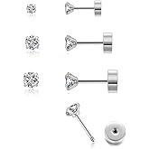 3Pairs CZ Stud Flat Screw Back Earrings for Women Multiple Piercing,Dainty Flatback Cubic Zirconia Cartilage Earring Stud,Helix Tragus Conch Piercing Jewelry