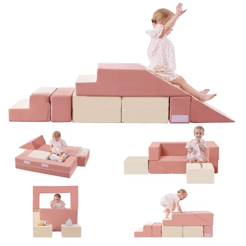 MOOZHEALTH Toddler Foam Climbing Blocks|Modular Kids Soft Play Couch Sofa with 2 Ottomans Indoor,Baby Crawling & Sliding Foldable Soft Play Set with Stair,Beige & Pink