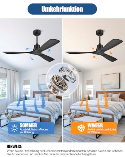 Forrovenco Ceiling Fan without Light 132 cm, Ceiling Fan with Remote Control, Outdoor Ceiling Fans, 3 Wooden Blades, 3 Extensions, 6 Levels, Reversible DC Motor, 132 cm, Black Without Light