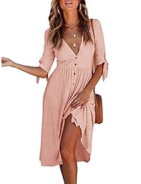 Vestidos midi para mujer FUMIKAZU Cuello de pico abotonado Vestido de una línea linda