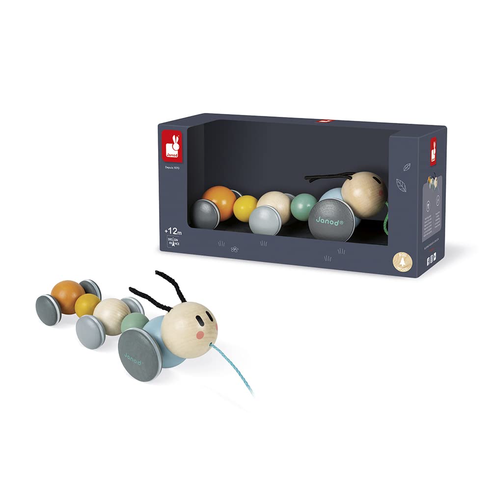 Janod - Wooden Pull-Along Caterpillar - Sweet Cocoon Collection - Early-Learning and Early Years Toy, water-based paint - Pull-Along Toy - Develops Walking - From 1 year - J04420