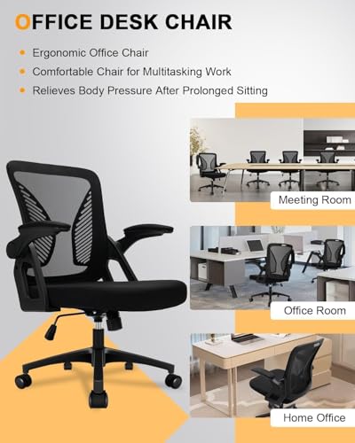 Durrafy Ergonomic Office Chair, Desk Chair with 90° Flip-up Armrests, Lumbar Support & Height Adjustable, Breathable Swivel Computer Chair with Tilt Function, Mid-Back Mesh Chair For Home/Office
