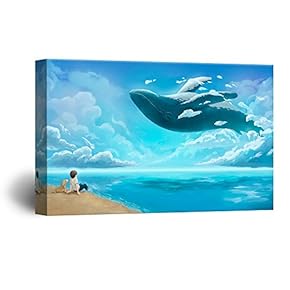 Hand Drawing Style Mystical Boy and Dog on The Beach Watching a Dancing Whale Gallery 12x18 inches