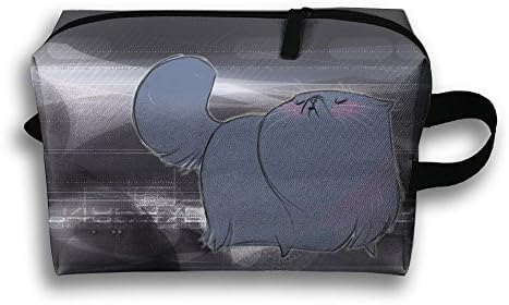 Blue Fat Cat Pattern Portable Makeup Bag Zipper Travel Storage Pouch With Handle