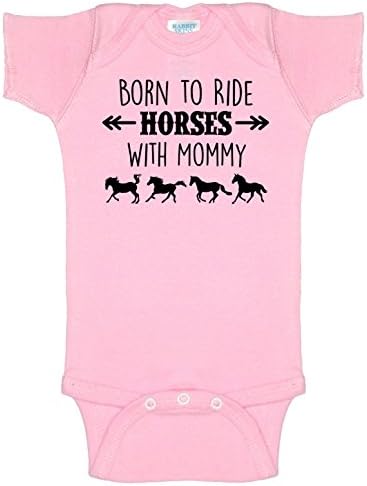 Equestrian Creations Born To Ride Horses With Mommy, Short Sleeve Horse Bodysuit, Baby Boy or Girl (12 Months, Light Pink)