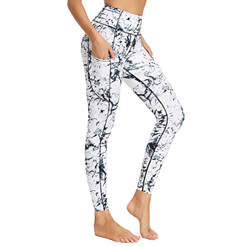 HOUMOUS WOMEN’S 4 OUT POCKETS BUTTERY SOFT HIGH WAISTED FULL-LENGTH YOGA PANTS (MARBLE,L)