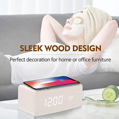 fomobest Wooden Alarm Clock with Wireless Charging for iPhone Samsung