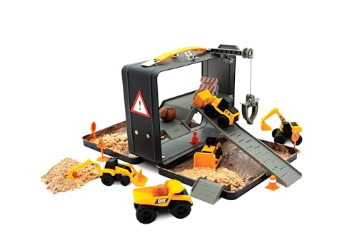 CAT Construction Toys, Store N Go Playset - Tin Travel Case Transforms into Multi-Level Worksite, Includes 2 Little Machines Vehicles & 10 + Accessories, Portable STEM Toy for Kids Ages 3 +