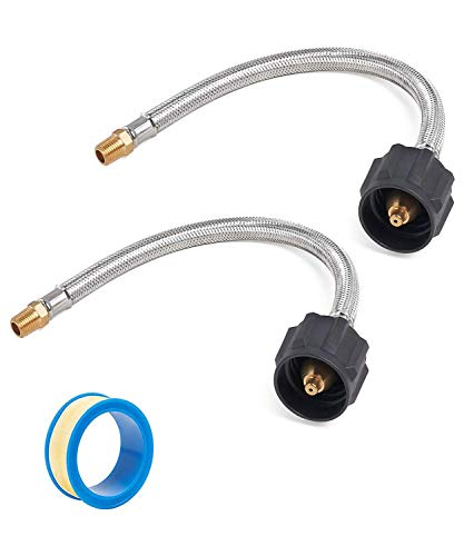 SHINESTAR 12inch Pigtail Stainless Braided RV Propane Hose Connector with Type 1 Connection - Acme x 1/4 Male NPT- 1feet, 2 Pack, Includes Thread Seal Tape