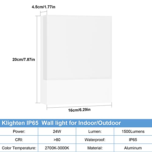 Klighten 2 Pieces 24W LED Wall Lamp Outdoor/Indoor, IP65 White Wall Sconce, Modern Aluminium Wall Light for Gardens, Hallways, Terraces, 1500 Lumen, Warm White 2700K-3000K