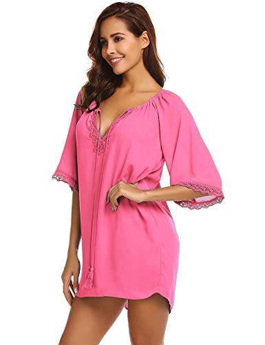 SUNAELIA Women Swimsuit Cover Ups Loose Beach Half Sleeve Tops Pink - Thumbnail 4