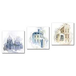 Canvas Wall Art Vintage Building Painting Artwork for Home Prints Framed - 12"x12"x3 Panels