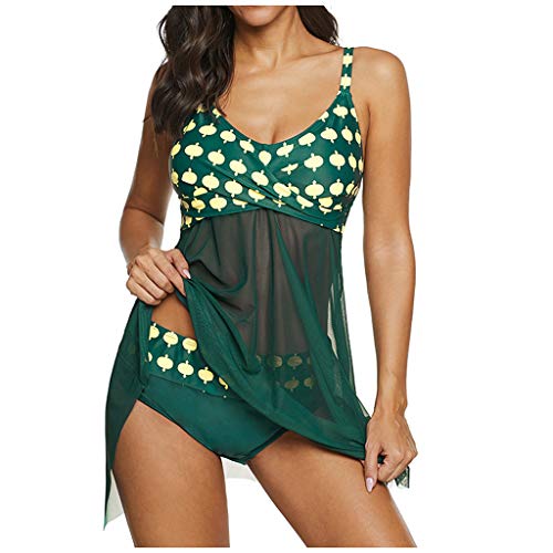 sheart 9 Women's 2 Piece Floral Bathing Suit Top Plus Size Polka Dot Vintage Sexy V Neck Tankini Set with Bikini Bottom Green - Thumbnail 2