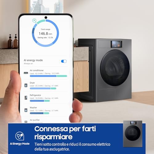 Asciugatrice Bespoke AI DV90F09F4S/U3, 9 kg, Pompa di Calore, Wifi, Controllo Vocale, Display AI Home, AI Dry, Carica Frontale, 60L x 85H x 60P cm