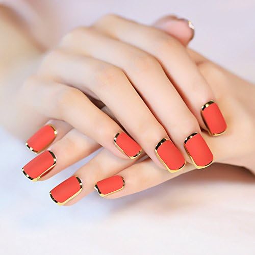 enForten Matte with Golden Metallic Red Fingernails Artificial Full Acrylic False Nail Fake Full Nail Art Tip for Women Ladies 24pcs/set