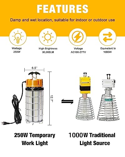 JC-LGL LED Temporary Work Light 250W, Construction Lights 5000K 30,000lm Outdoor Job Site Lighting 10ft Cord IP65 Dust Waterproof Hanging Lighting