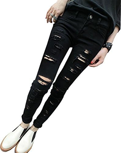 Labaqiangj Easy Womens Punk Hole Ripped Slit Slim Skinny Jeans Pencil Pants Leggings BlackLabel size Medium(US Small)