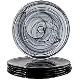Vikko Lunch Plates Set of 6, Black Alabaster, 8.5" Marbelized Swirl Design, Elegant Glass Entree, Dishwasher Safe