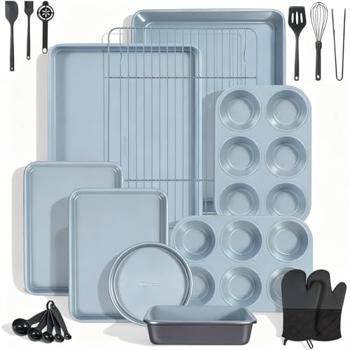 Ammeloo 22-Piece Baking Pans Set Stackable Bakeware Non Stick Baking Set Non Toxic Oven Pans, Including Roasting Pan, Cookie Sheets, Muffin Pans, Cake Pans, Oven Mitts and Utensils(Gray & Stone Black)