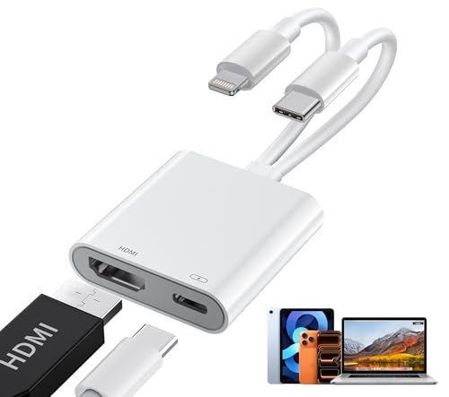 4K@60Hz Adaptateur USB C et Lightning vers HDMI pour iPhone, MFi Adaptateur Lightning HDMI pour ipad,100W Adaptateur USB C vers HDMI pour iPhone 17/16/15/14/iPad/MacBook/Galaxy to TV/Monitor/Projector