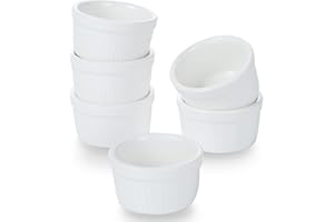 SLJMR 1 oz Small Ramekins 6 pcs Porcelain Mini Ramekins Dishes for Souffle,Creme Brulee, Pudding, Custard Cups,Bakeware Bowls Set for Baking,Oven Safe, White 2.1 inch