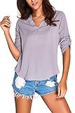 Dokotoo Womens Casual Chiffon Ladies V-Neck Cuffed Sleeve Blouse Tops X-Large Gray,Gray,(US16-18)XL