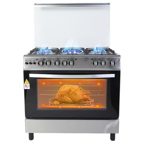 905E Gas Range with Electric Oven, 5 Burner Stainless Steel Stove, 90L Capacity, 35.43x23.62x33.46 Inch, Natural Gas/LPG Compatible