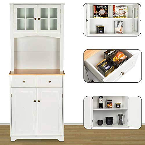 Amooly Buffet Hutch Standing Kitchen Cabinet with Top & Bottom Enclosed,Glass Doors,2 Drawers and Large Open Space for Microwave,White