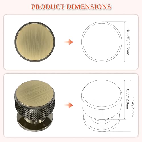 FURNIWARE Pack of 10 Knurled Cabinet Knobs, Shiny Antique Brass Cabinet Knobs, Solid Cupboard Handles with 2 Sizes Screws, Round Single Hole for Kitchen, Dresser, Wardrobe, Chest of Drawers, Furniture